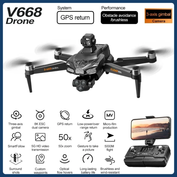 V668 Drone 5G WiFi FPV Brushless Motor GPS Return 8K HD Dual Camera 360° Laser Obstacle Avoidance RC Quadcopter Drone Toys 5000M